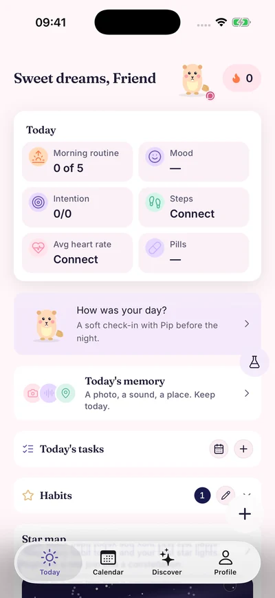 Gerçek Morning Path iOS geliştirme sürümünün İngilizce Bugün ekranı: rutin, duygu ve alışkanlıklar